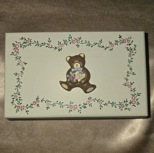 Vintage Children’s Jewelry Box White Floral Teddy Bear Trinket Box w/ Mirror
